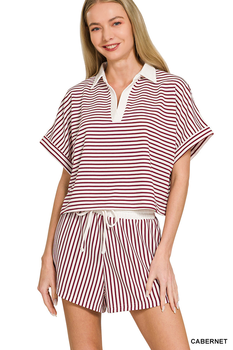 Brown Stripped Collared Top & Short Sets