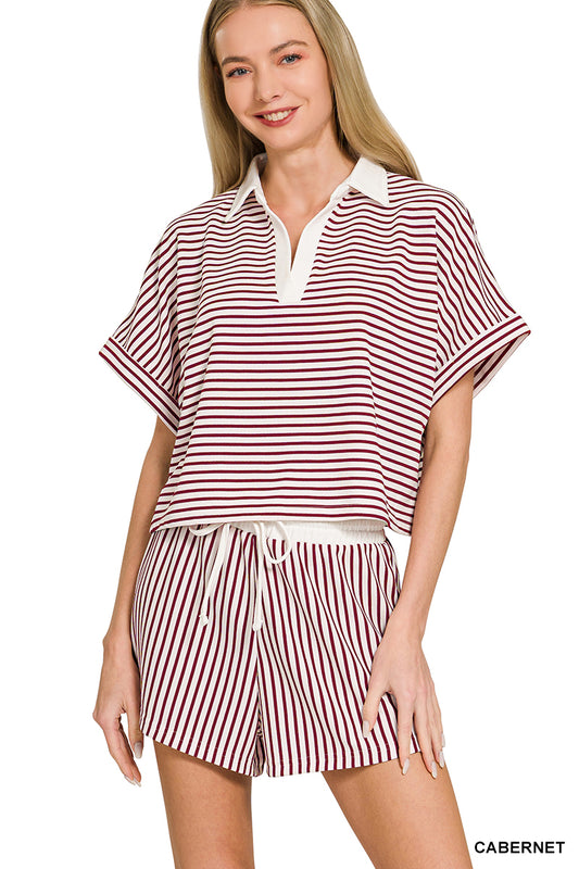 Brown Stripped Collared Top & Short Sets