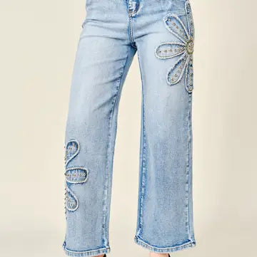 Studded Flower Patch Wide Leg Jean