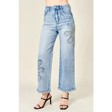 Studded Flower Patch Wide Leg Jean