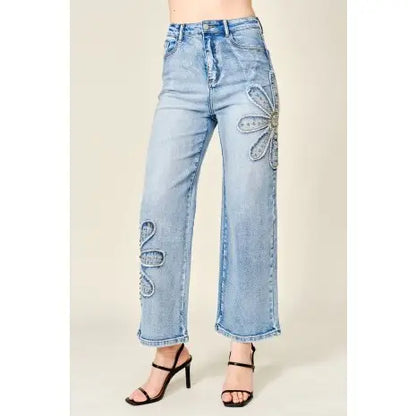 Studded Flower Patch Wide Leg Jean