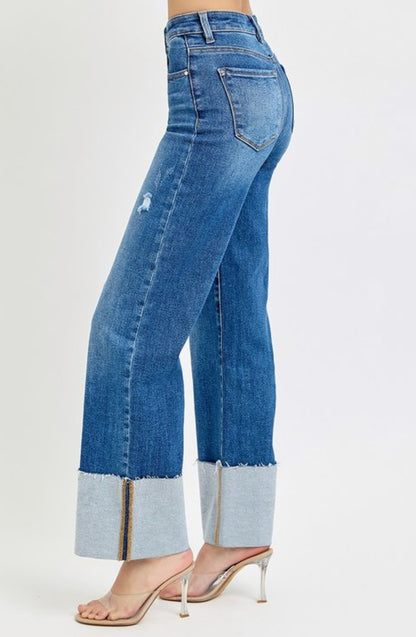 Risen Dark HR Ankle Wide Cuffed Jeans