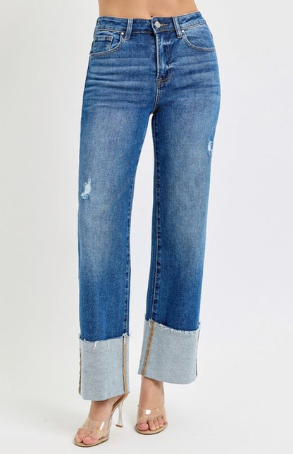 Risen Dark HR Ankle Wide Cuffed Jeans