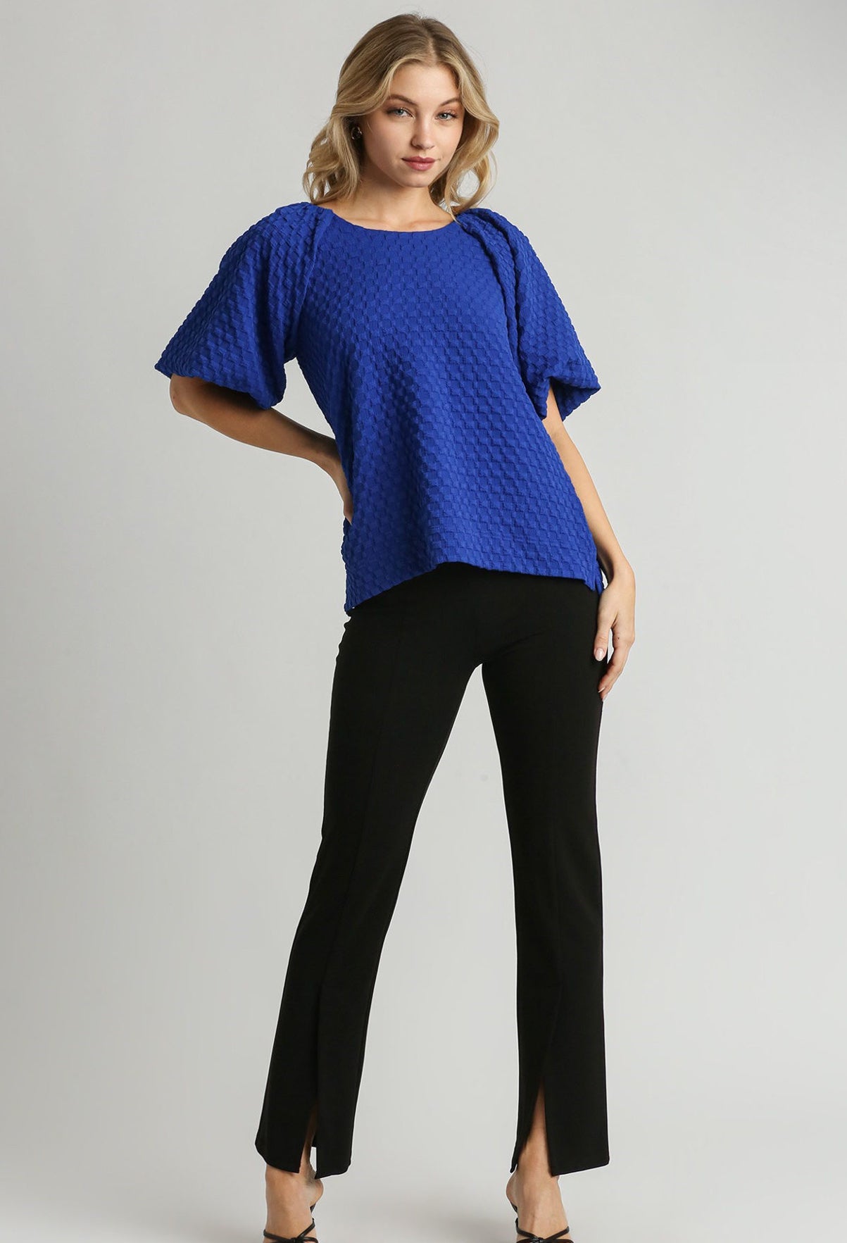 Blue Textured Bubble Sleeve Blouse