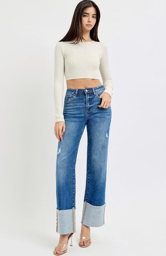 Risen Dark HR Ankle Wide Cuffed Jeans