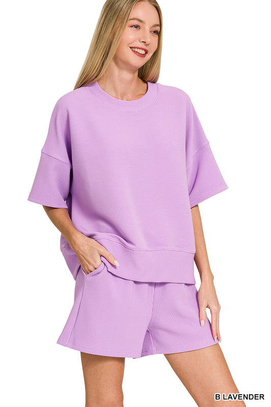 Lavender Ribbed Waisted Banded Tee & Short Set