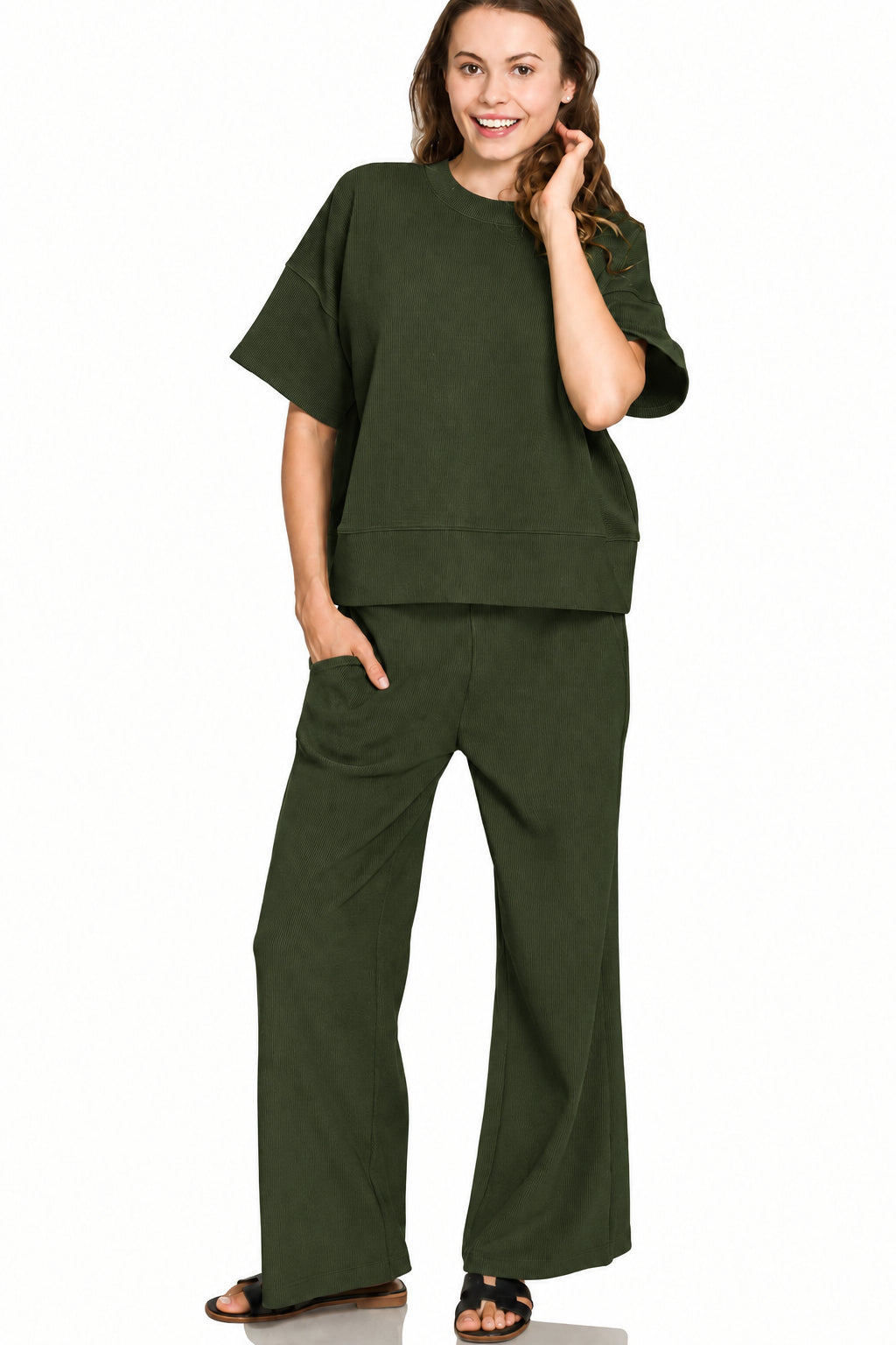 Ribbed Round Neck Tee & Pant Set