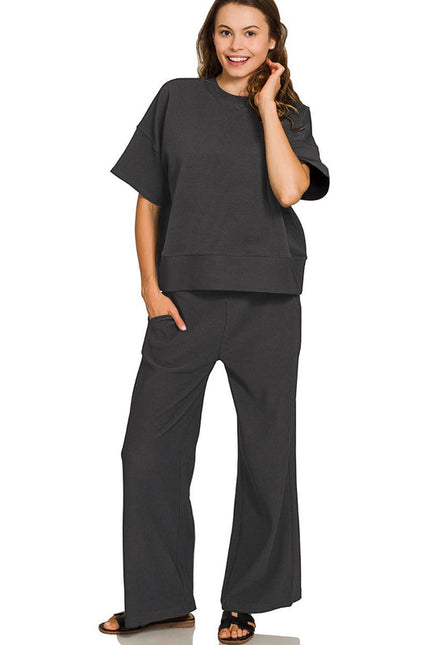 Ribbed Round Neck Tee & Pant Set