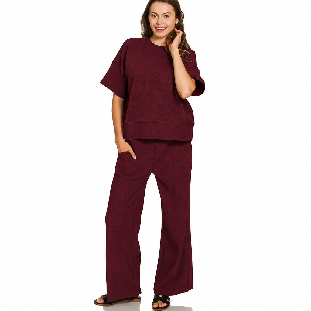 Ribbed Round Neck Tee & Pant Set