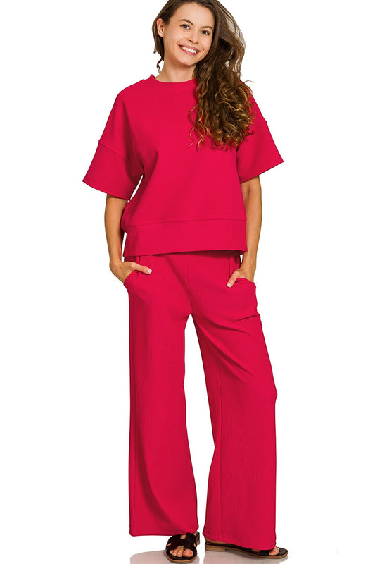 Ribbed Round Neck Tee & Pant Set - Red