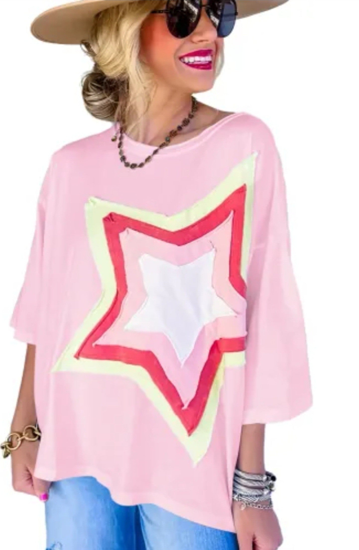 Star Patched Half Sleeve Oversized Tee