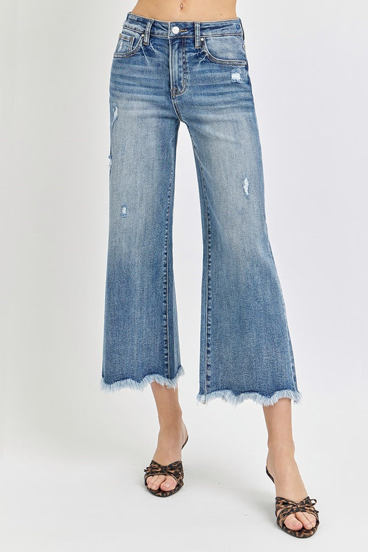 Risen HR Crop Wide Frayed Hem Jeans