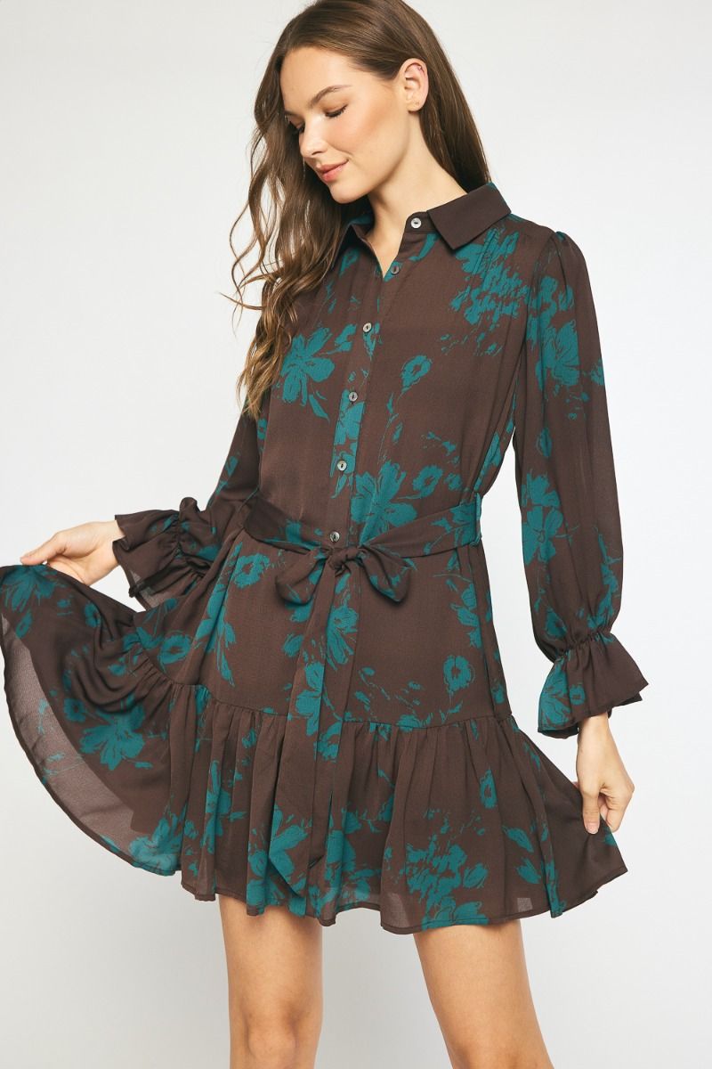 Brown And Green Floral Dress