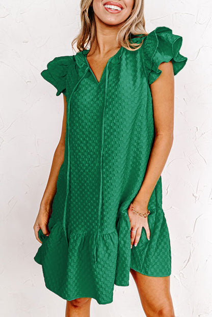 Green Flutter Sleeve Textured Dress