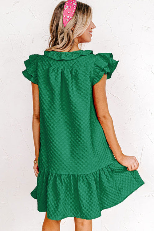 Green Flutter Sleeve Textured Dress