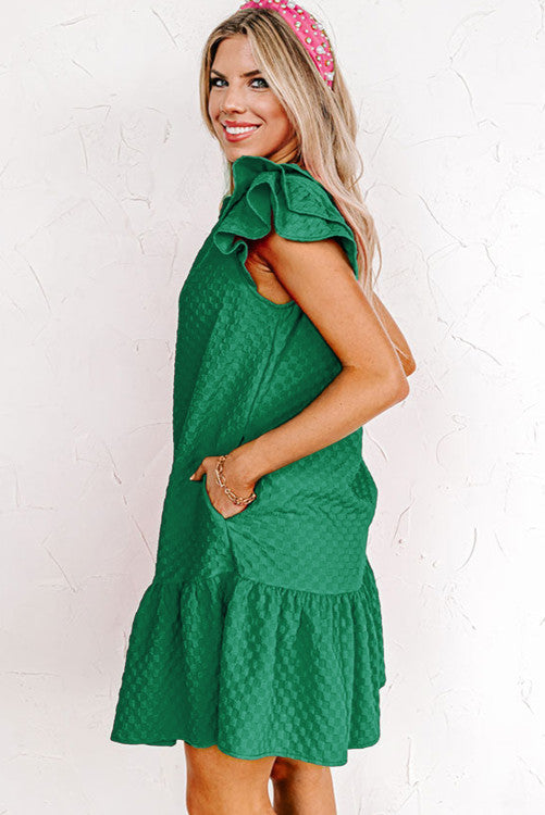 Green Flutter Sleeve Textured Dress