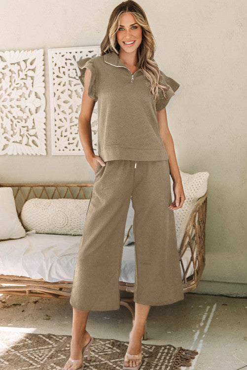 Khaki Wide Leg Textured Pants