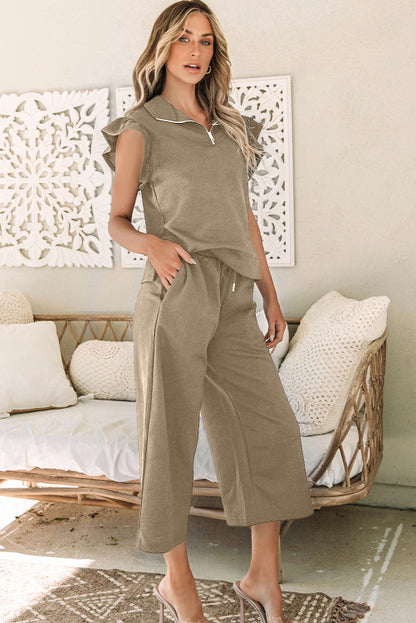 Khaki Wide Leg Textured Pants