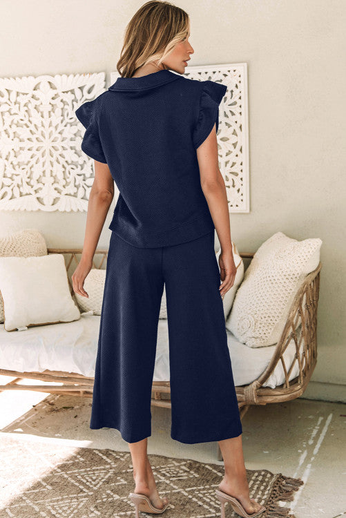 Navy Blue Textured Ruffle Sleeve