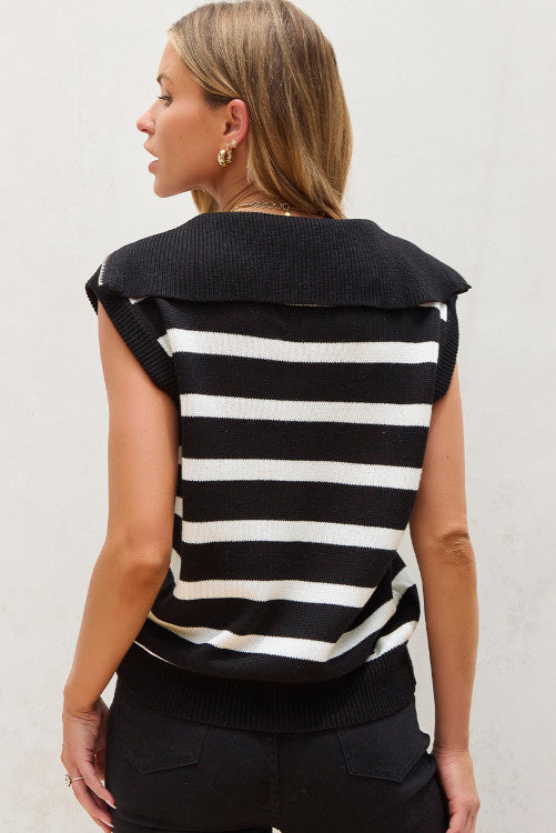 Black Stripe zipped Collar Knit Tank