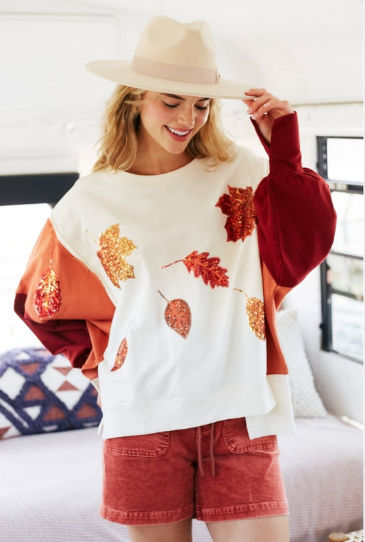 Fall Sequin Embroidered Leaves Top