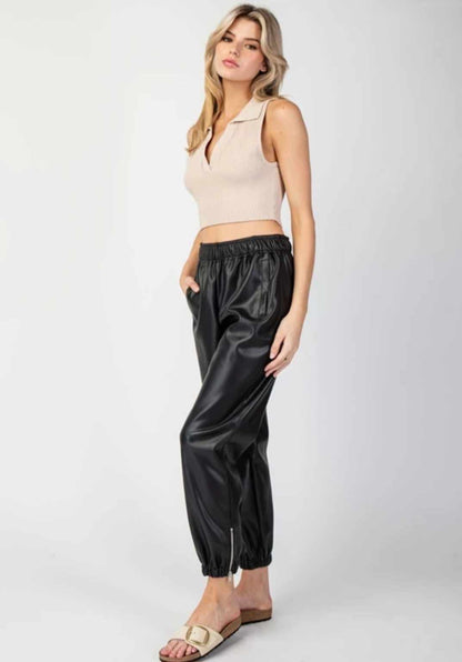 Black Faux Leather Jogger Pants