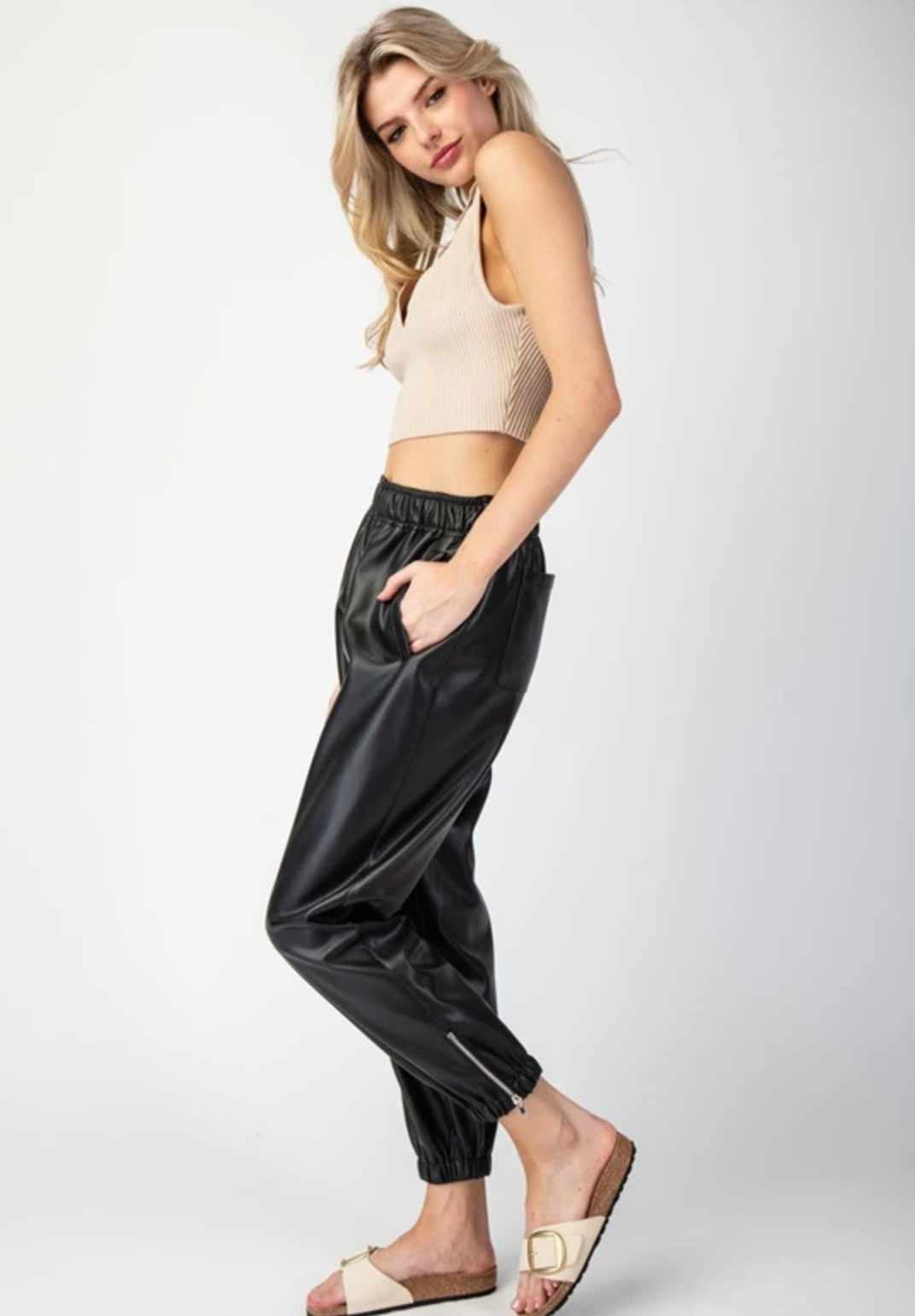 Black Faux Leather Jogger Pants