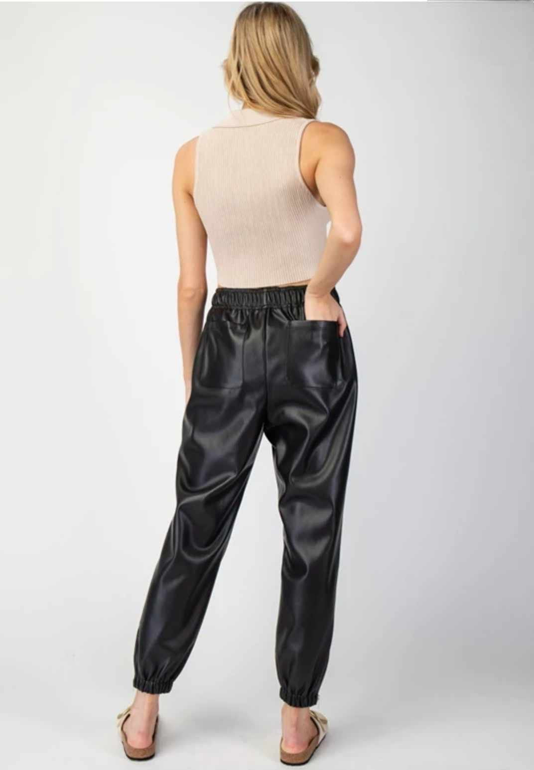 Black Faux Leather Jogger Pants