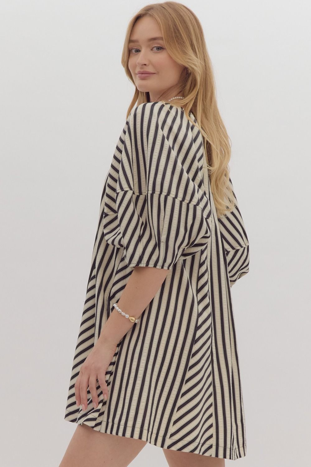 Black Stripe W/ Drawstring Neck Dress