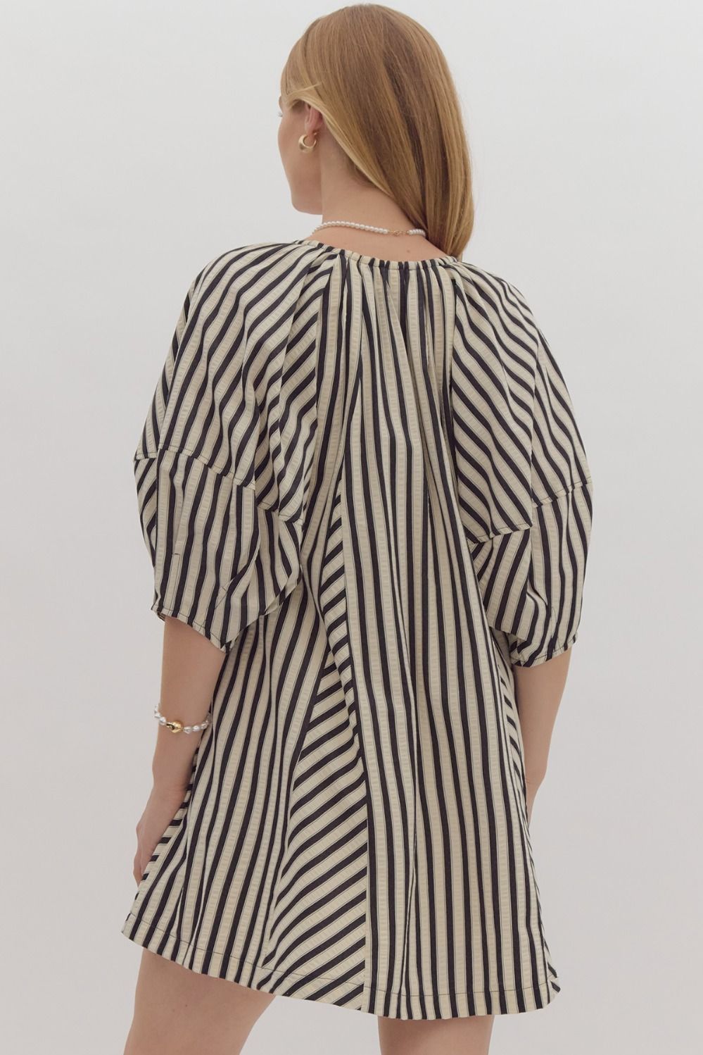 Black Stripe W/ Drawstring Neck Dress