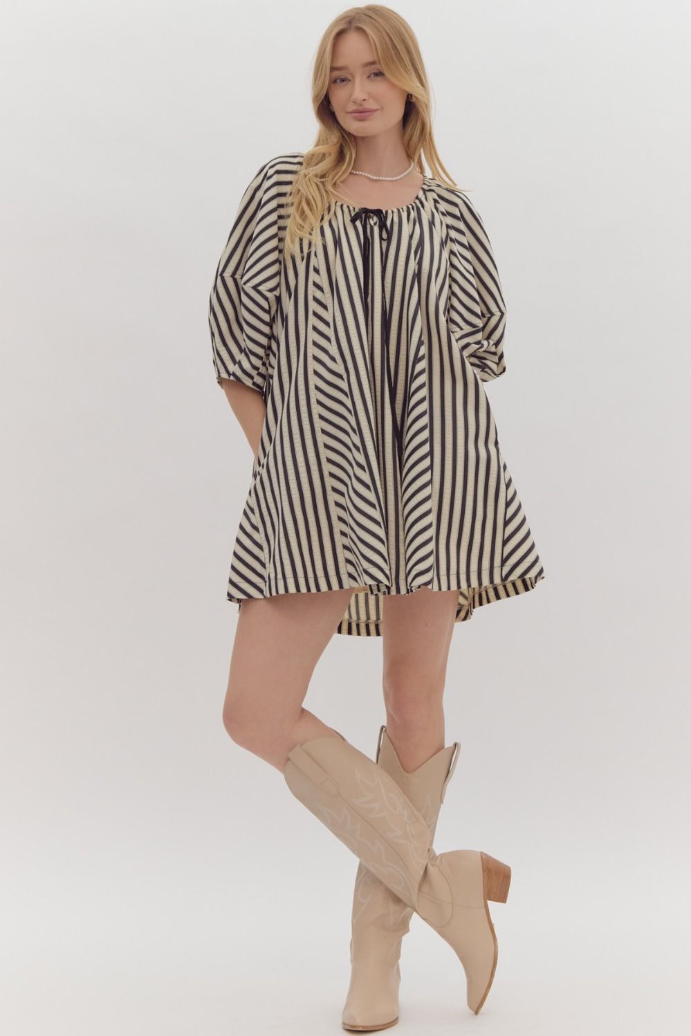 Black Stripe W/ Drawstring Neck Dress