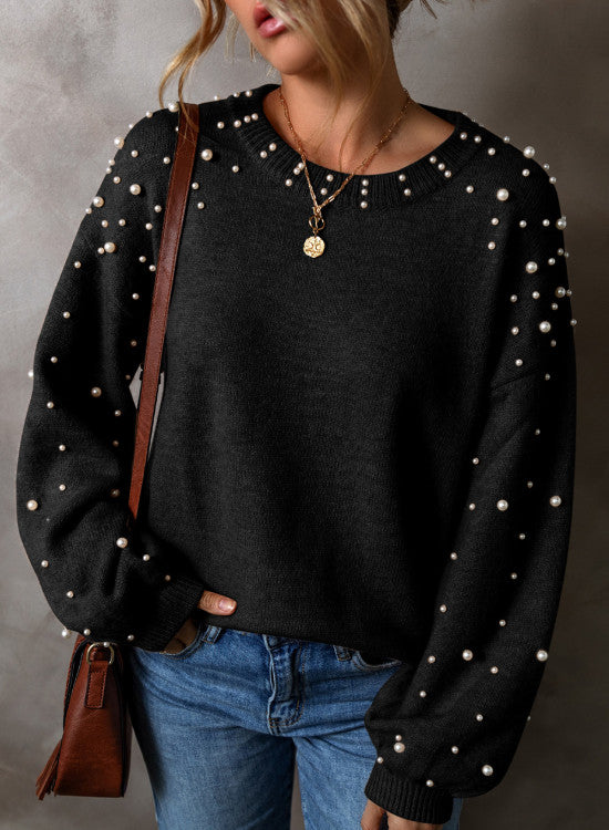 Black Pearled Drop Shoulder Sweater