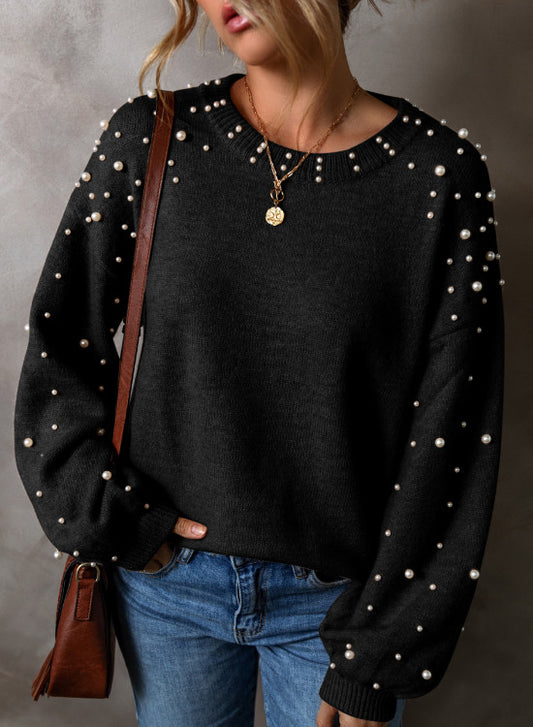 Black Pearled Drop Shoulder Sweater