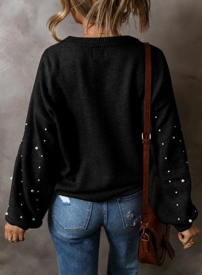 Black Pearled Drop Shoulder Sweater