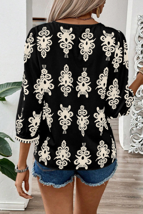 Black Vintage 3/4 Sleeve V-Neck Blouse