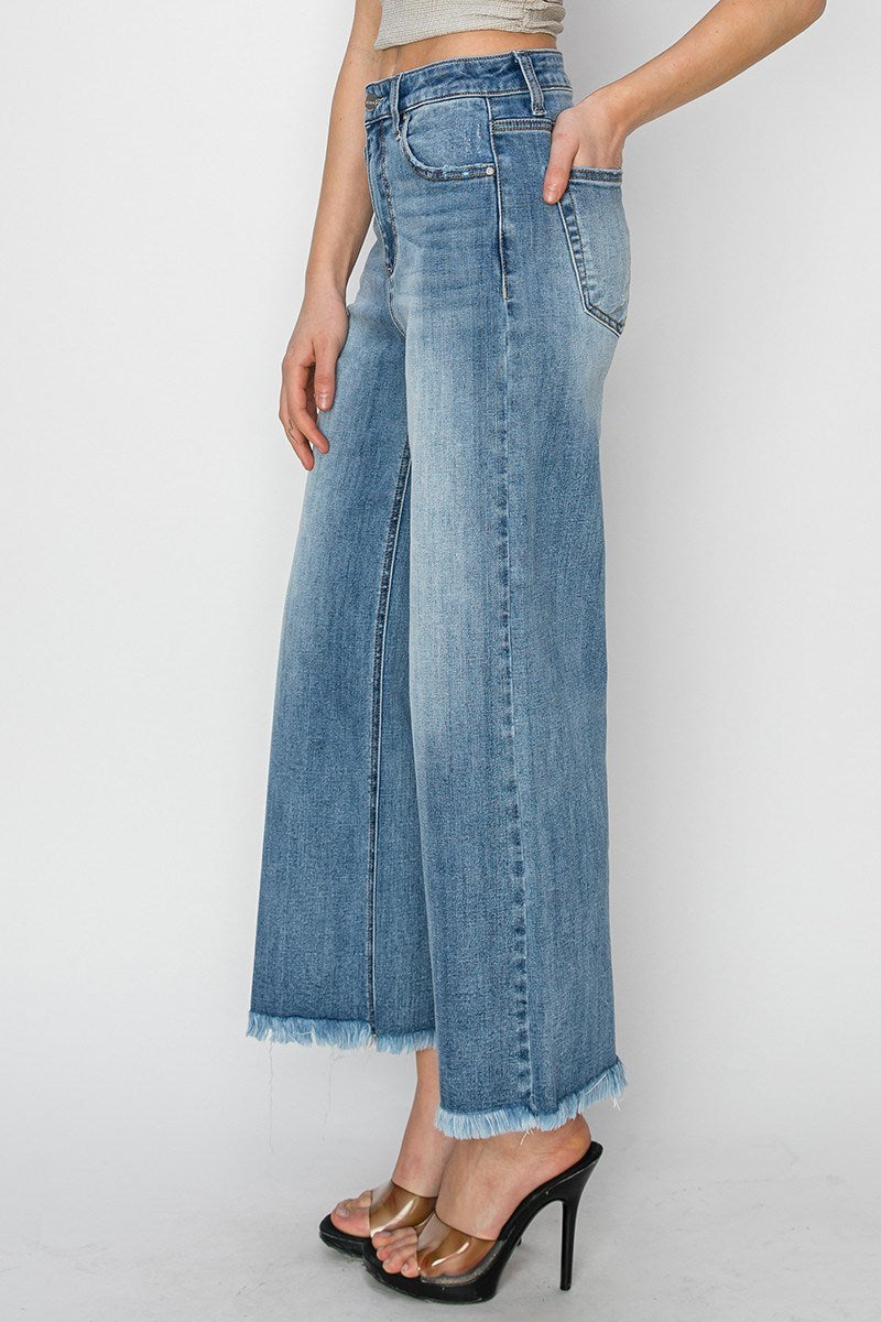 Risen HR Wide Leg Hem Frayed Jeans