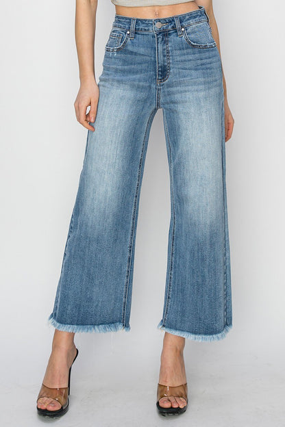 Risen HR Wide Leg Hem Frayed Jeans