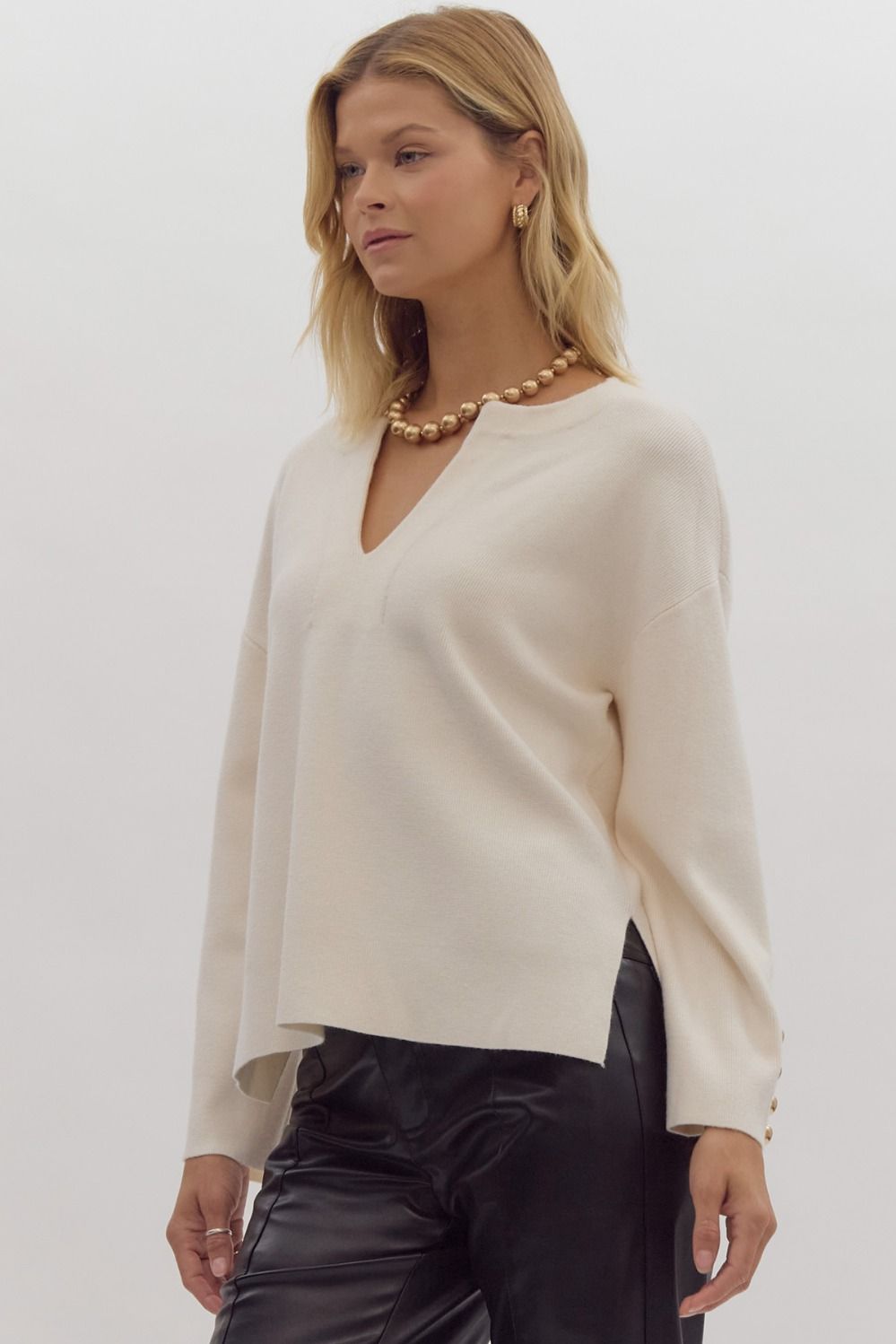 Cream V-neck Long Sleeve Blouse