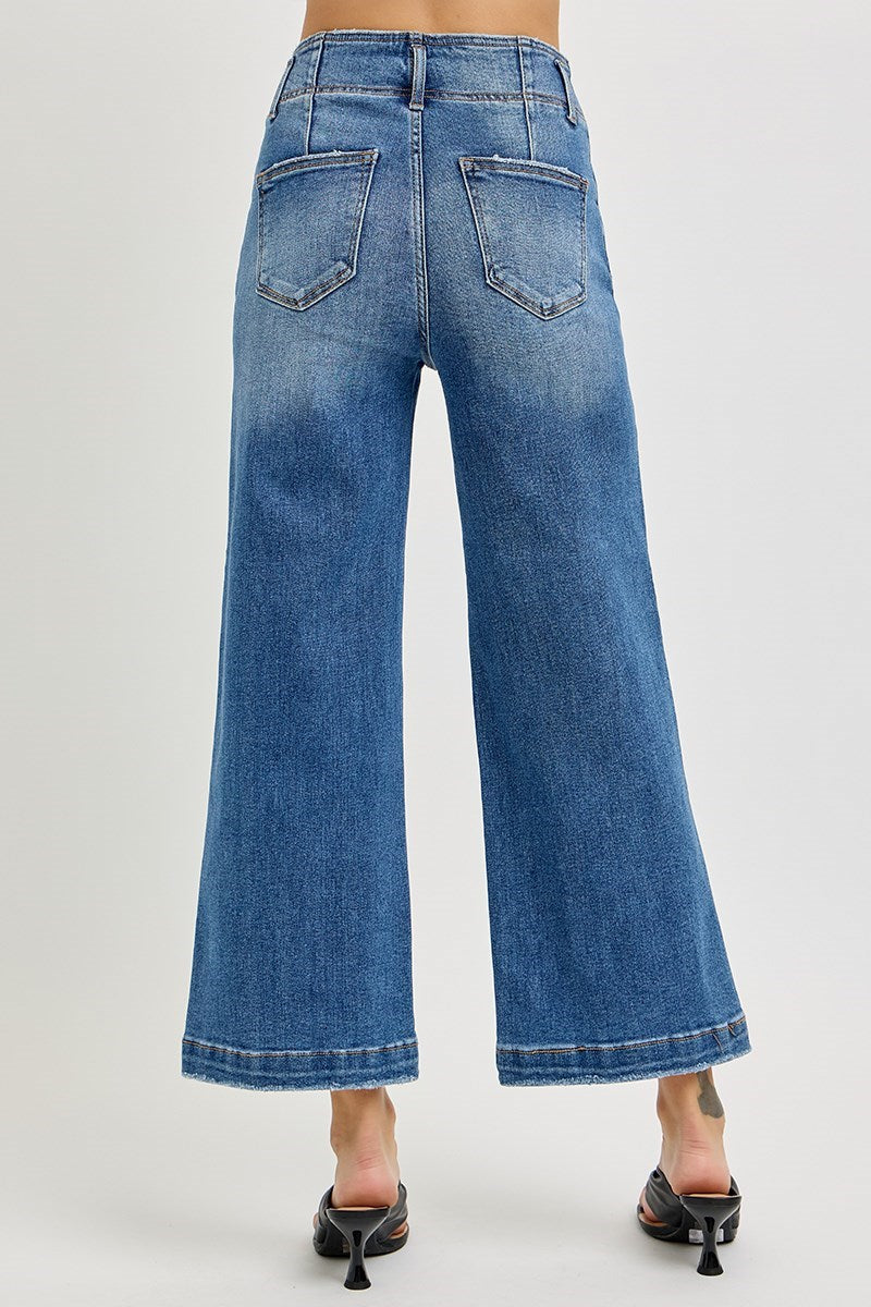 Risen HR Seam Detailed Crop Wide Leg Jeans