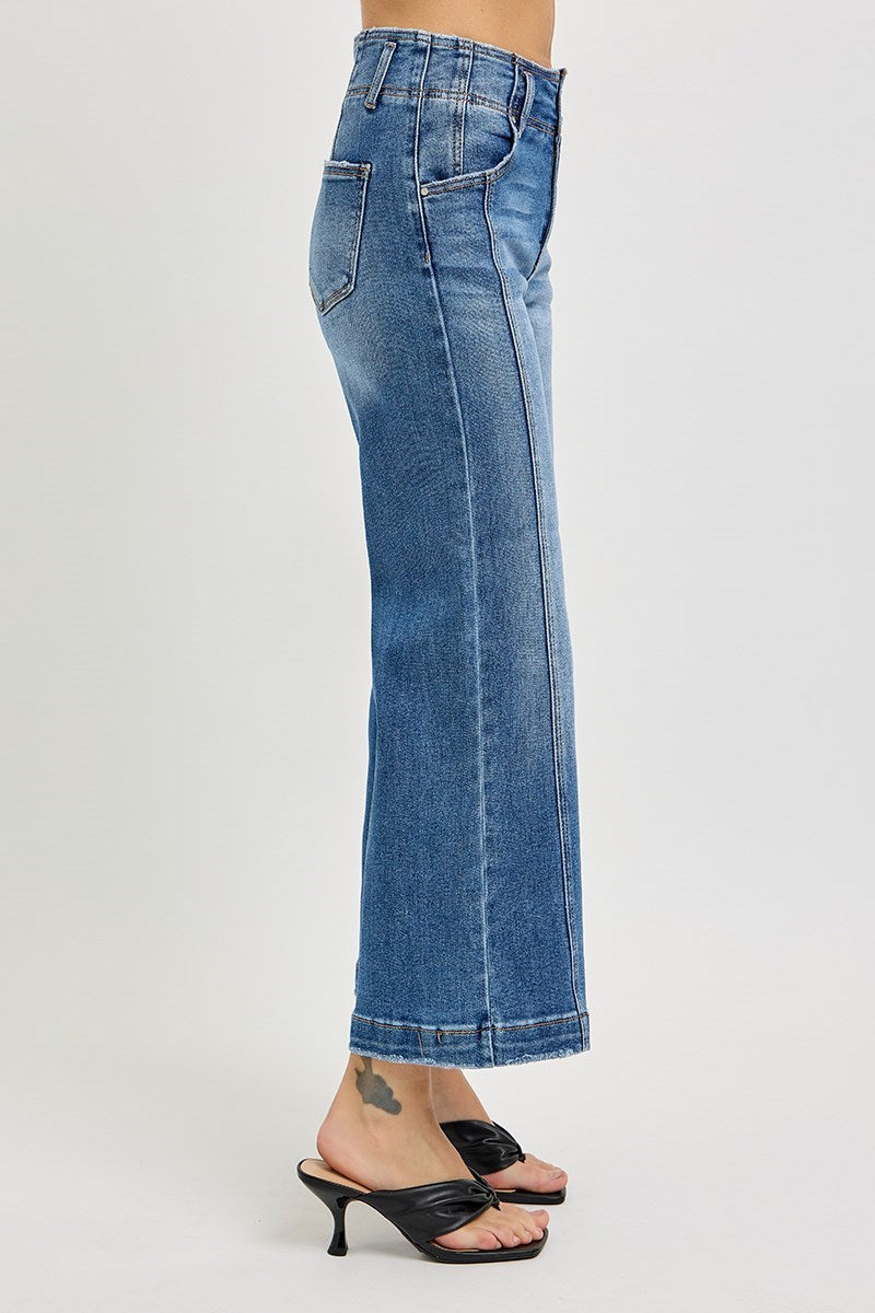 Risen HR Seam Detailed Crop Wide Leg Jeans