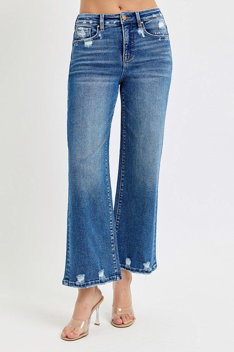 Risen HR Tummy Control Cropped Wide Leg Jeans