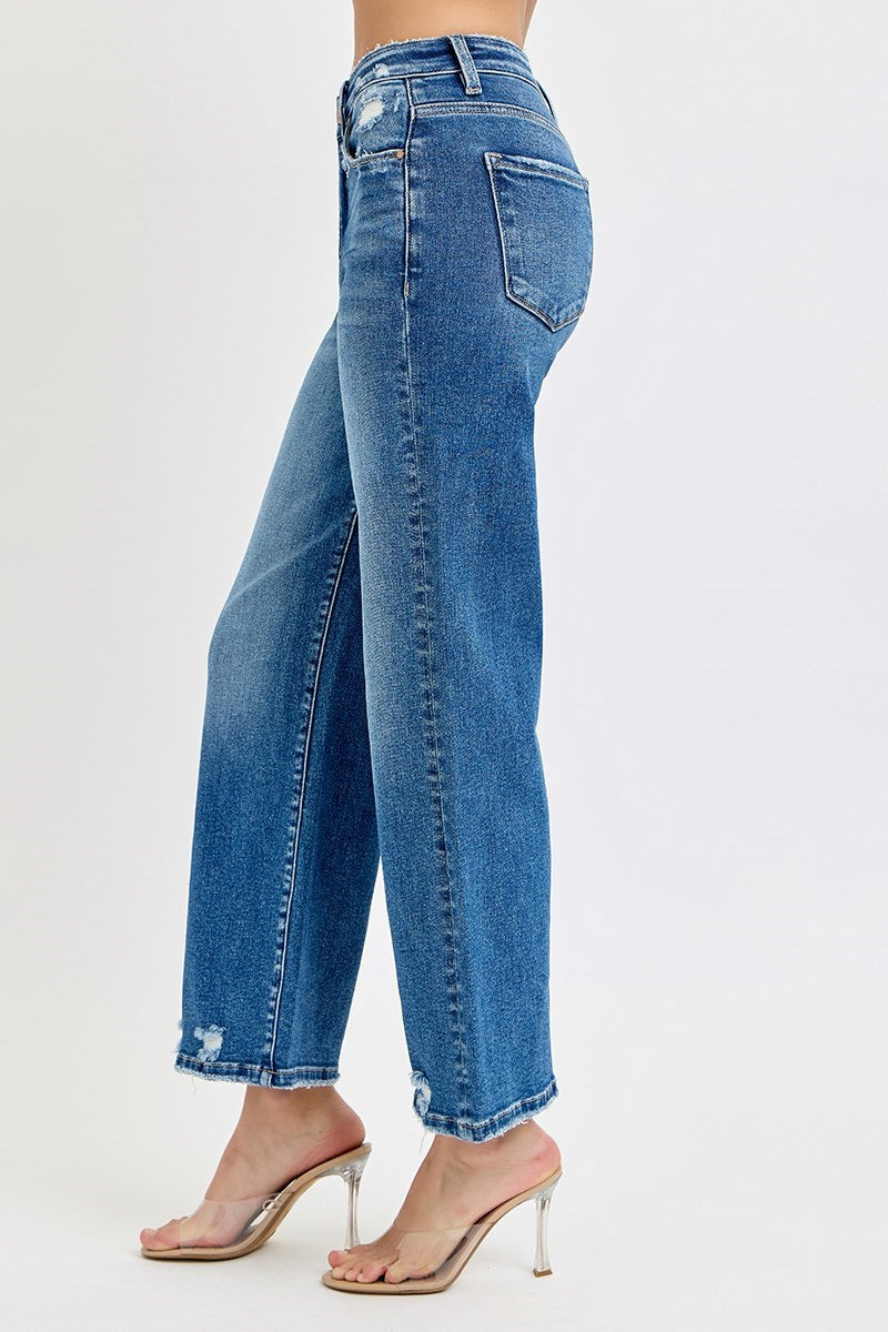 Risen HR Tummy Control Cropped Wide Leg Jeans