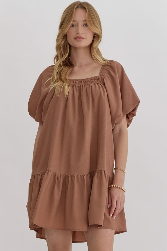 Brown Bubble Sleeve Dress