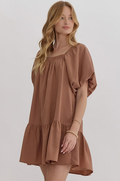 Brown Bubble Sleeve Dress