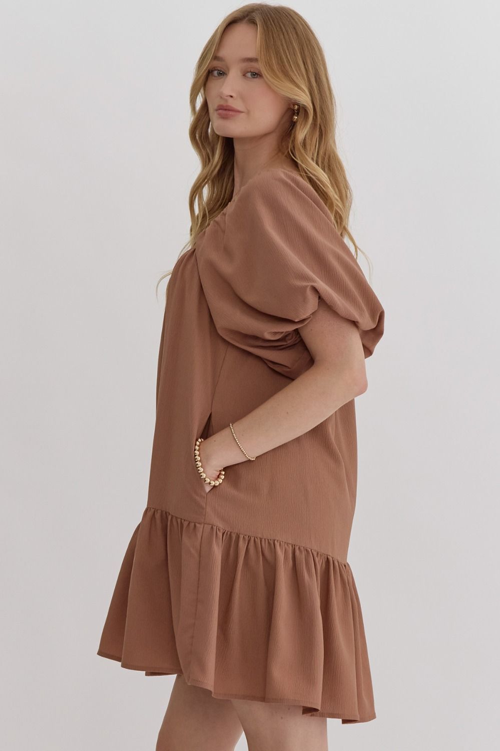 Brown Bubble Sleeve Dress