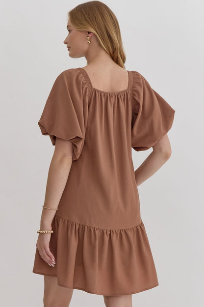 Brown Bubble Sleeve Dress