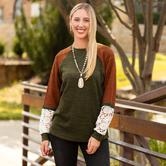 Green & Brown Long Sleeve Lace Top