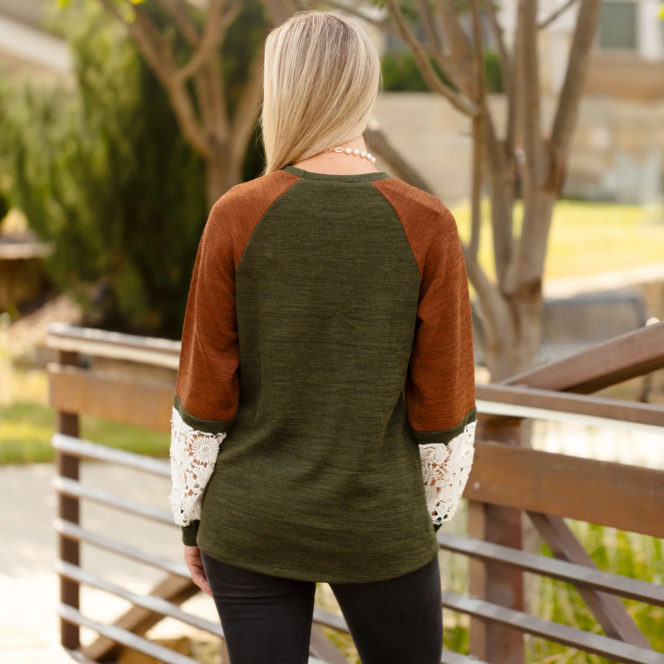 Green & Brown Long Sleeve Lace Top