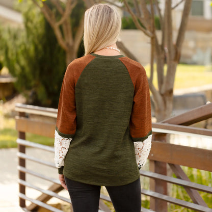 Green & Brown Long Sleeve Lace Top