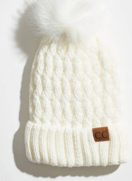 White CC Pom Pom Beanie